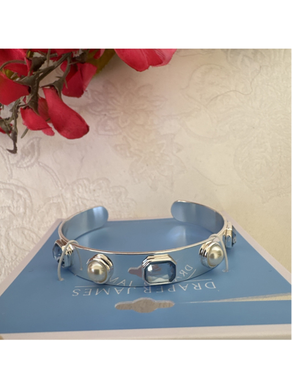 Draper James Silver Tone Blue Pearl Gem Cuff Bracelet Preppy Feminine NEW